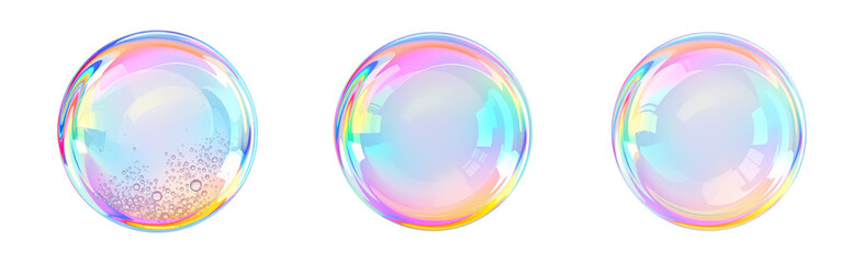 Obraz premium Iridescent Soap Bubble Collection with Rainbow Holographic Effect and Shimmering Prismatic Reflections Isolated on Transparent and White Background