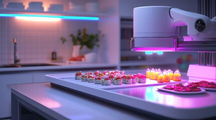 Robotic Chef at Work: A robotic arm meticulously prepares and presents a diverse selection of gourmet dishes in a modern kitchen.