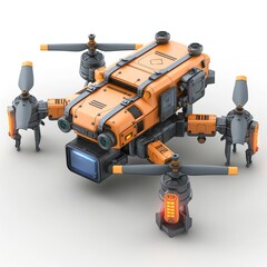 Fototapeta premium Futuristic orange drone with advanced sensors and hovering capabilities, showcasing a sleek design and high-tech features.