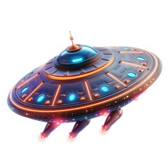 Futuristic flying saucer with glowing lights and a sleek design, hovering in a vibrant digital space.