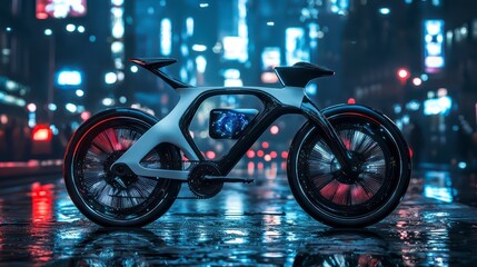Futuristic Electric Bike: A sleek, modern electric bicycle, showcasing innovative design and advanced technology, navigates a neon-lit cityscape, offering a glimpse into the future of urban transport.