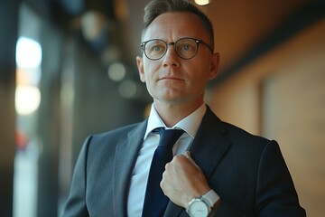 A focused Caucasian man in a suit adjusts his tie, exuding confidence and professionalism in a modern setting.