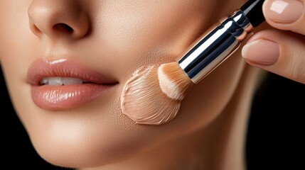 Applying Makeup: Close-up of a woman's face with foundation being applied using a brush.  A picture showcasing the beauty and precision of makeup application.