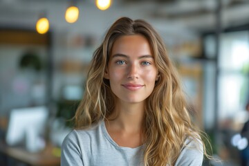 Obraz premium A smiling young Caucasian woman with wavy hair, radiating positivity in a modern office space.