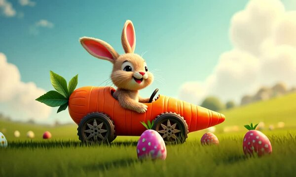Adorable Easter bunny joyfully driving a whimsical carrot car through a colorful Spring meadow filled with vibrant decorated Easter eggs under a sunny sky. 