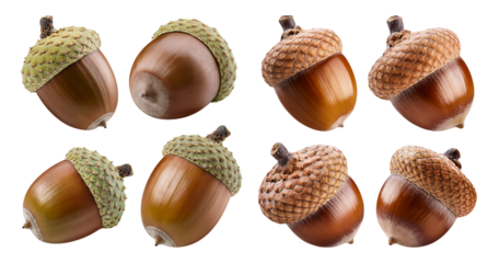 Acorns in Various Styles on White Background for Seasonal Use, isolated on transparent background