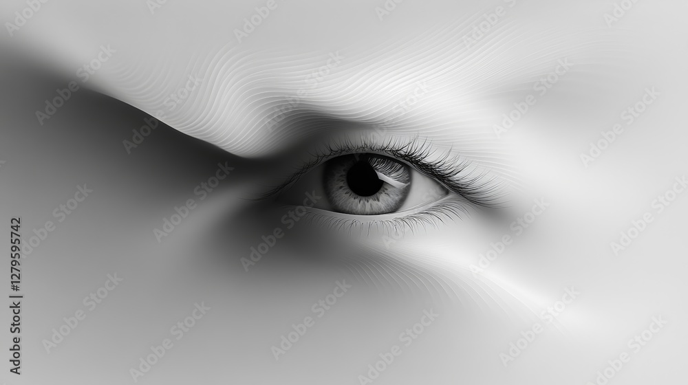 Poster artistic representation of a human eye peeking through a textured, undulating surface, exploring the