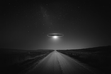 Mysterious glowing object hovers above deserted rural road in black-and-white under a dark sky
