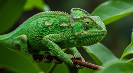 Vibrant green chameleon perched among lush foliage in a tropical haven