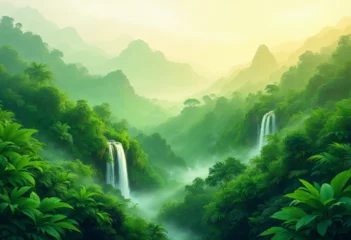  Misty jungle landscape with cascading waterfalls and lush green foliage in a tranquil environment.   © Stock Design