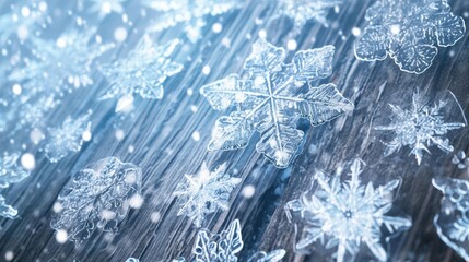 Snowflakes falling gently on wooden surface winter wonderland close-up photography serene atmosphere macro view nature's beauty