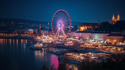Night view of Ferris wheel over city by river. Possible use Stock photo for travel or tourism advertising