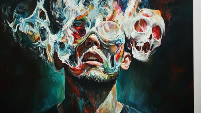 Expression of inner turmoil and creativity captured in a surreal artwork of a man with smoke and skulls