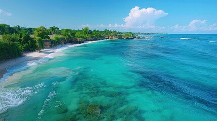 Obraz premium Drone shot of a beautiful tropical beach. The clear blue sea sparkles under the sun, waves gently rolling onto the sandy shore. A perfect scene