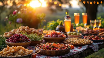 Outdoor buffet table laden with diverse foods at sunset.  Freshly prepared, delicious, and flavorful dishes, fruits, and drinks are arranged on rustic wooden platters and bowls.