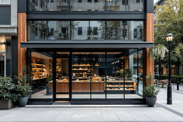 Modern bakery showcases artisan pastries with a warm and inviting facade in a contemporary urban setting