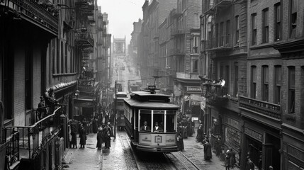 Old San Francisco streetcar in historical cityscape
