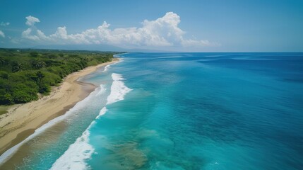 Drone shot of a beautiful tropical beach. The clear blue sea sparkles under the sun, waves gently rolling onto the sandy shore. A perfect scene