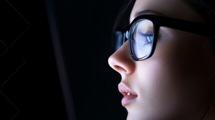 Close up profile of a young woman wearing eyeglasses and using a digital tablet in a dark room, with screen light reflecting on her face and highlighting her eyes