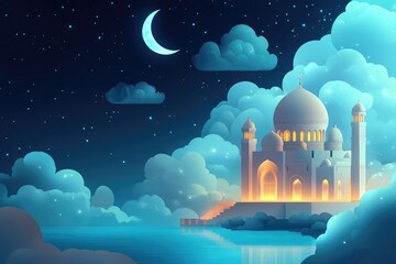 Beautiful Mosque in the Sky with Clouds and Moon, Ramadan Kareem Night Scene, Spiritual Background with Copy Space for Text