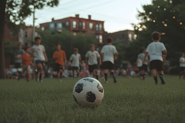 Fototapeta premium Soccer game in progress, a mix of adults and children are playing in a field. The ball sits in the foreground, with players chasing it behind.