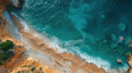 Obraz premium Drone shot of a beautiful tropical beach. The clear blue sea sparkles under the sun, waves gently rolling onto the sandy shore. A perfect scene