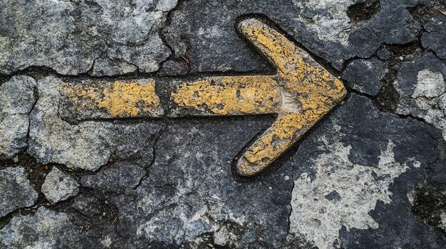 Rising arrow symbolizing economic growth paving the way on cracked asphalt surface in an urban area