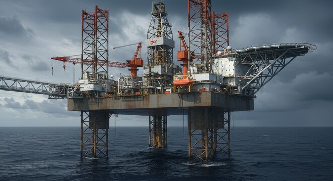 Industrial jackup rig stands against a cloudy sky off the coast