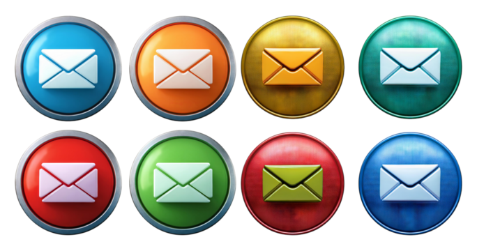Colorful Email Buttons in Various Round Shapes for Digital Use, isolated on transparent background