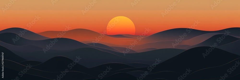 Poster rolling hills extend into the distance, bathed in the warm, orange hues of a setting sun, creating a