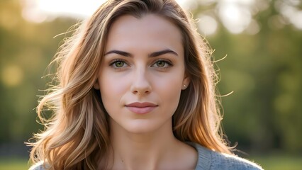 Fototapeta premium Beautiful girl with green eyes and flowing hair, captured in golden hour light. 