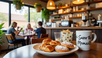 Cozy patrons enjoying coffee and pastries in lively cafe, savoring moments
