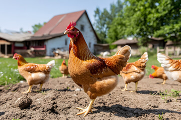 Fototapeta premium Free-range chickens roam a farmyard, their brown feathers glinting in the sunshine. A rural scene showcasing natural farming and animal welfare.