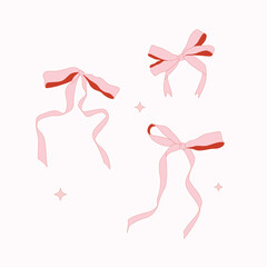 A delicate set of vintage,pink bows with red details on a light background. Girly, romantic vibe. Perfect for wedding decor, gift wrapping, fashion design, invitations, and creative projects.