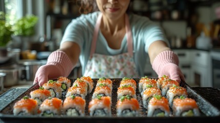 Naklejka premium Middle-aged Japanese woman prepares sushi rolls in a tidy kitchen setting
