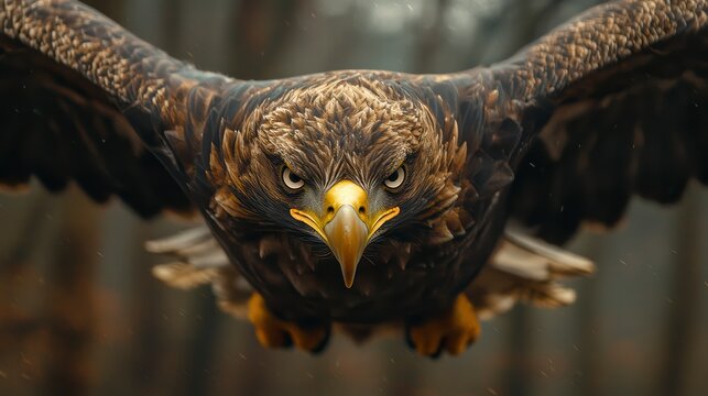 Soaring Eagle: a striking close-up of a majestic eagle in flight, its piercing gaze focused, with magnificent brown and golden feathers. 