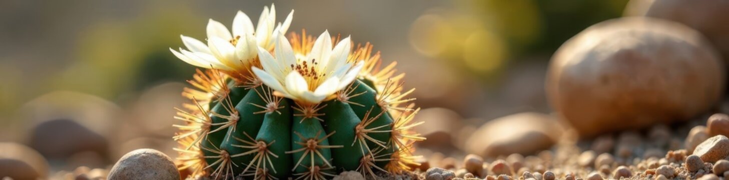 Cactus lobivia neoporteria senilis with delicate white petals in the desert, desert, plant, fauna