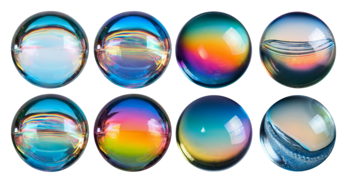 Colorful Reflection Patterns on Glass Marbles with Vivid Hues, isolated on transparent background