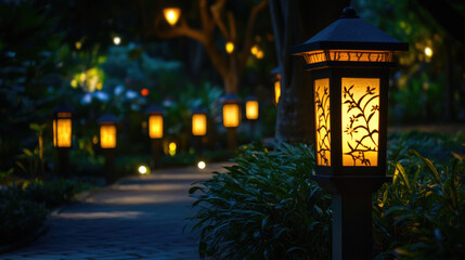Decorative lanterns glowing in the park at night, festive ambiance, Ramadan or Diwali celebration, warm lights, serene outdoor atmosphere