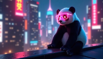 Playful panda wearing neon glasses enjoys bright city skyline during nighttime in a vibrant urban setting
