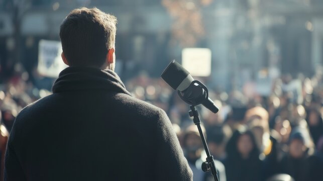 Public speaker addressing a large crowd at an outdoor rally