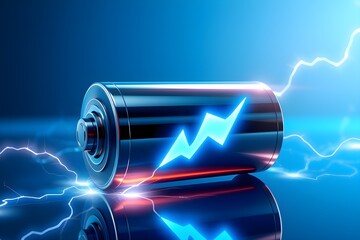 Futuristic energy tech concept. Advanced lithium ion battery with high voltage charging. Neon blue lightning surrounds modern battery. Powerful energy storage illustration
