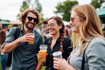 Group of Three Friends Enjoying Craft Beer at Outdoor Festival on Sunny Day, Two Women and One Man Engaged in Lively Conversation with Laughter