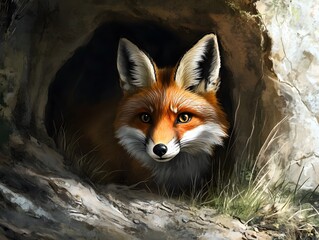 A shy fox peeking out from a den