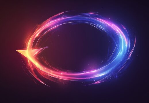 A dynamic and abstract graphic showcasing a glowing red and blue arrow design. The arrows are arranged in a circular shape, suggesting motion and a futuristic ambiance