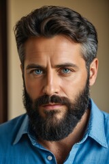 Fototapeta premium arafed man with a beard and blue shirt looking at the camera