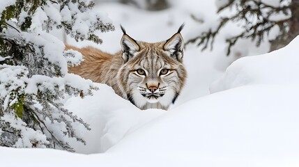 A shy lynx sneaking through the snowy forest