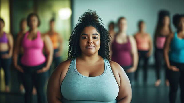 Diverse group exercising, empowering women in a fitness class, showcasing body positivity, and promoting health and wellness.