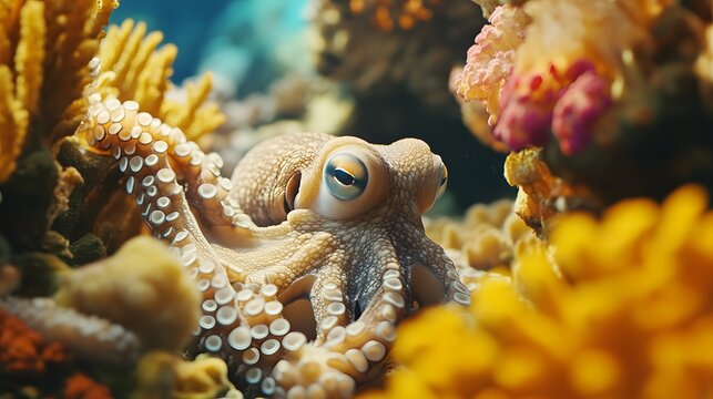 A shy octopus hiding in a coral reef
