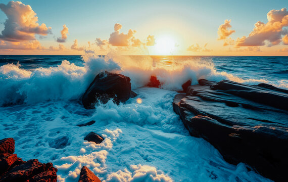 Dramatic ocean waves crashing against rocky shore as the golden sunset illuminates the water spray - Powered by Adobe